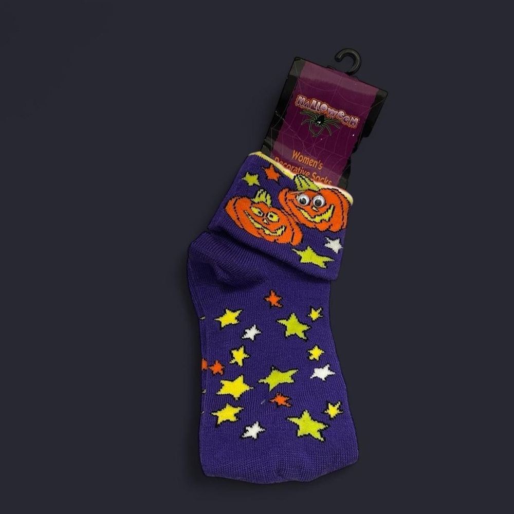 Vintage Y2K Deadstock NEW Spooky Purple Halloween Pumpkin Socks w Stars